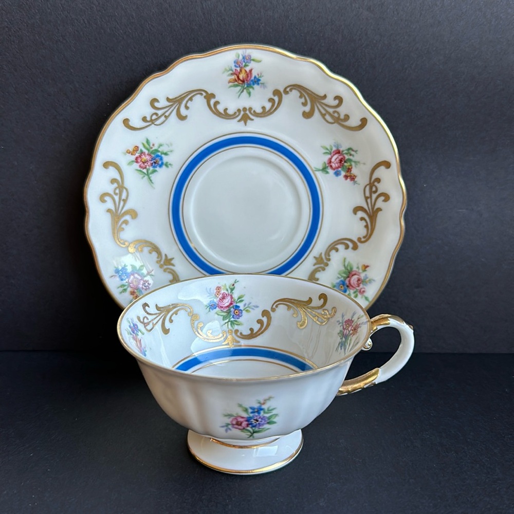K&A Krautheim Bavaria Germany DEMITASSE Tea Cup & Saucer Floral Scrolls Blue Rim